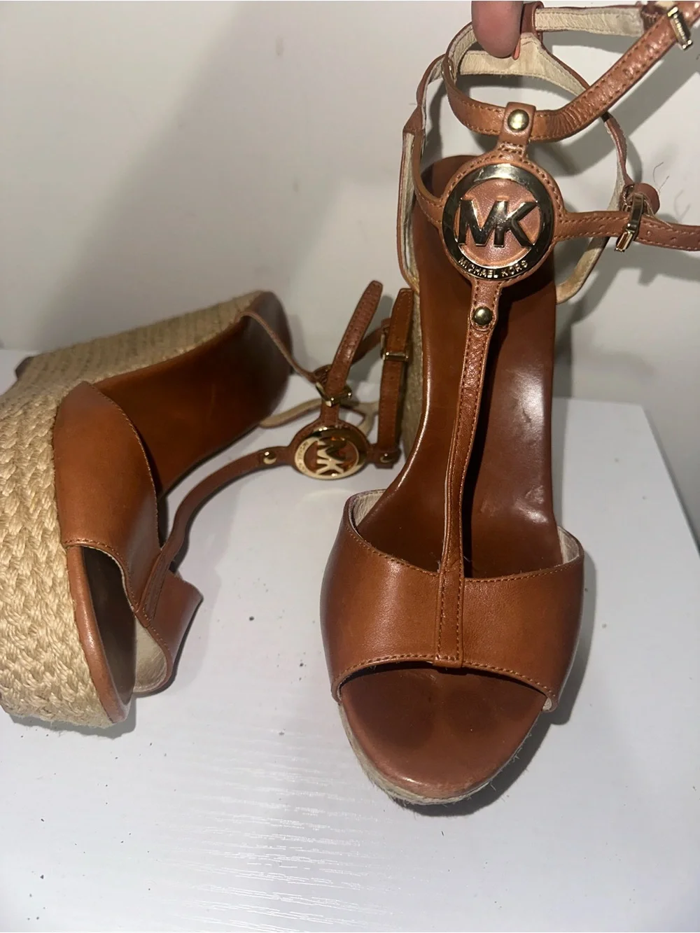 Michael Kors Tan Brown Woven Espadrille Wedge Sandals